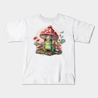 Cottagecore aesthetic frog on Mushroom Kids T-Shirt